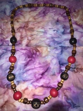 Wood Boho Bead Necklace — Red and Black Accents unisex